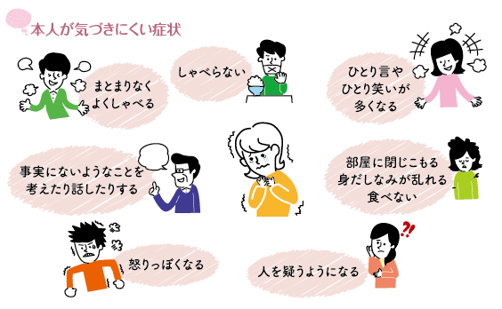 本人が気づきにくい症状には、まとまりなくよくしゃべる、しゃべらない、ひとり言やひとり笑いが多くなる、人を疑うようになる、部屋に閉じこもり身だしなみが乱れるなどがあります。